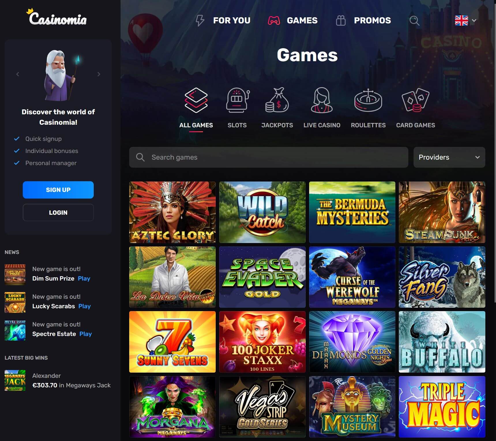 Casinomia online casino vzhled