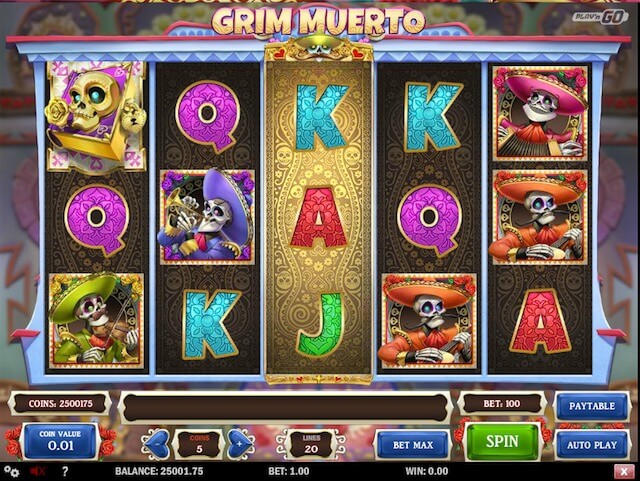 Herní automat Grim Muerto, který je vytvořený herním vývojářem Play'n GO